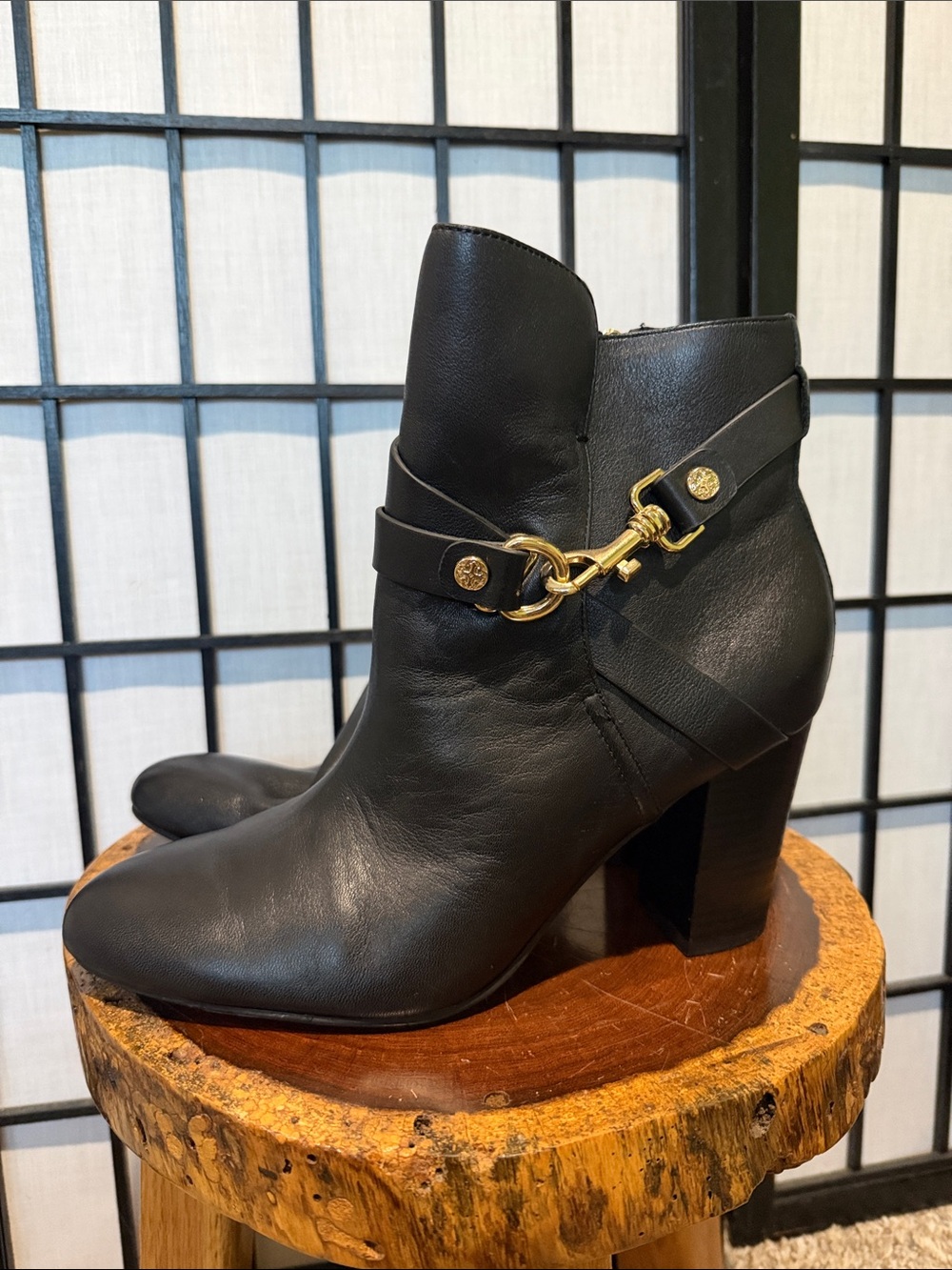 Isola Black Leather Ankle Booties with Gold Hardware 9 See description